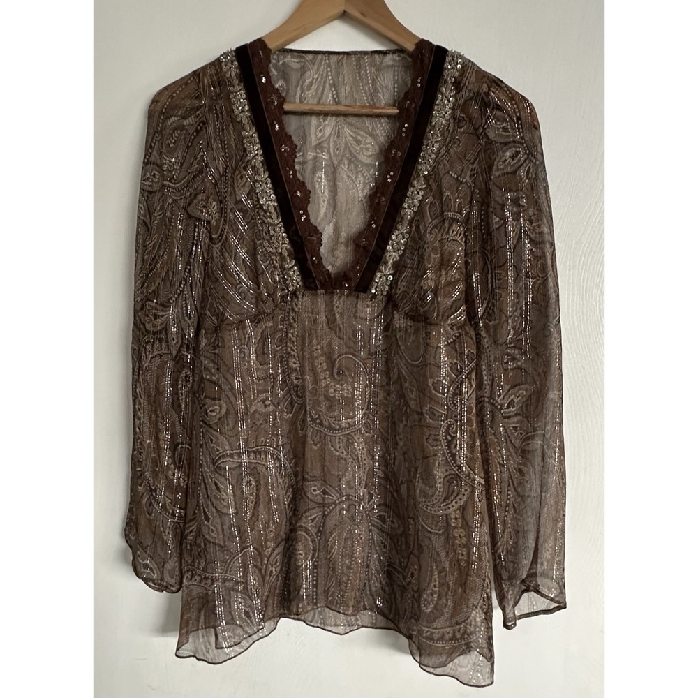 Y2K Bohemian Sheer Blouse Metallic Thread Deep V Velvet Ribbon Trim Sequins READ - Picture 2 of 12